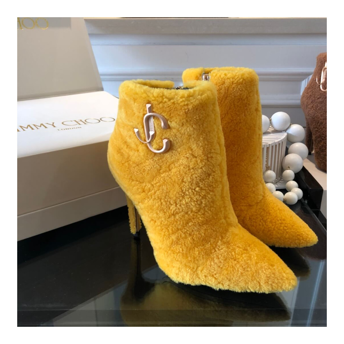 Jimmy Choo Shearling Ankle Bootie with Gold JC Logo 80259