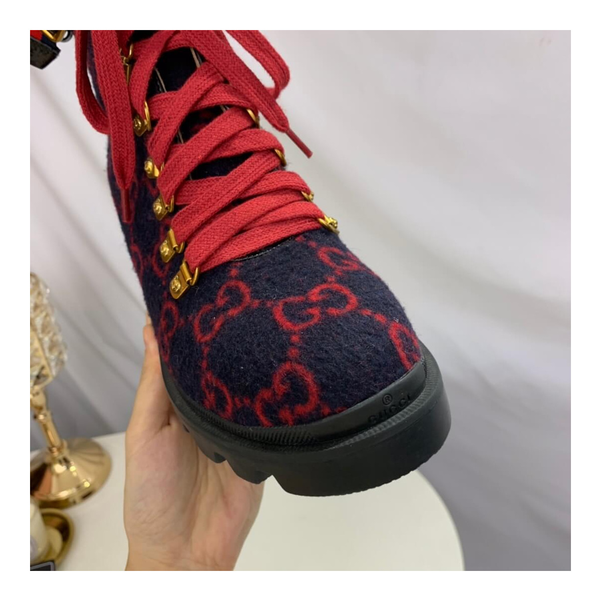 Gucci Trip GG Wool Combat Boots 583349 Blue/Red