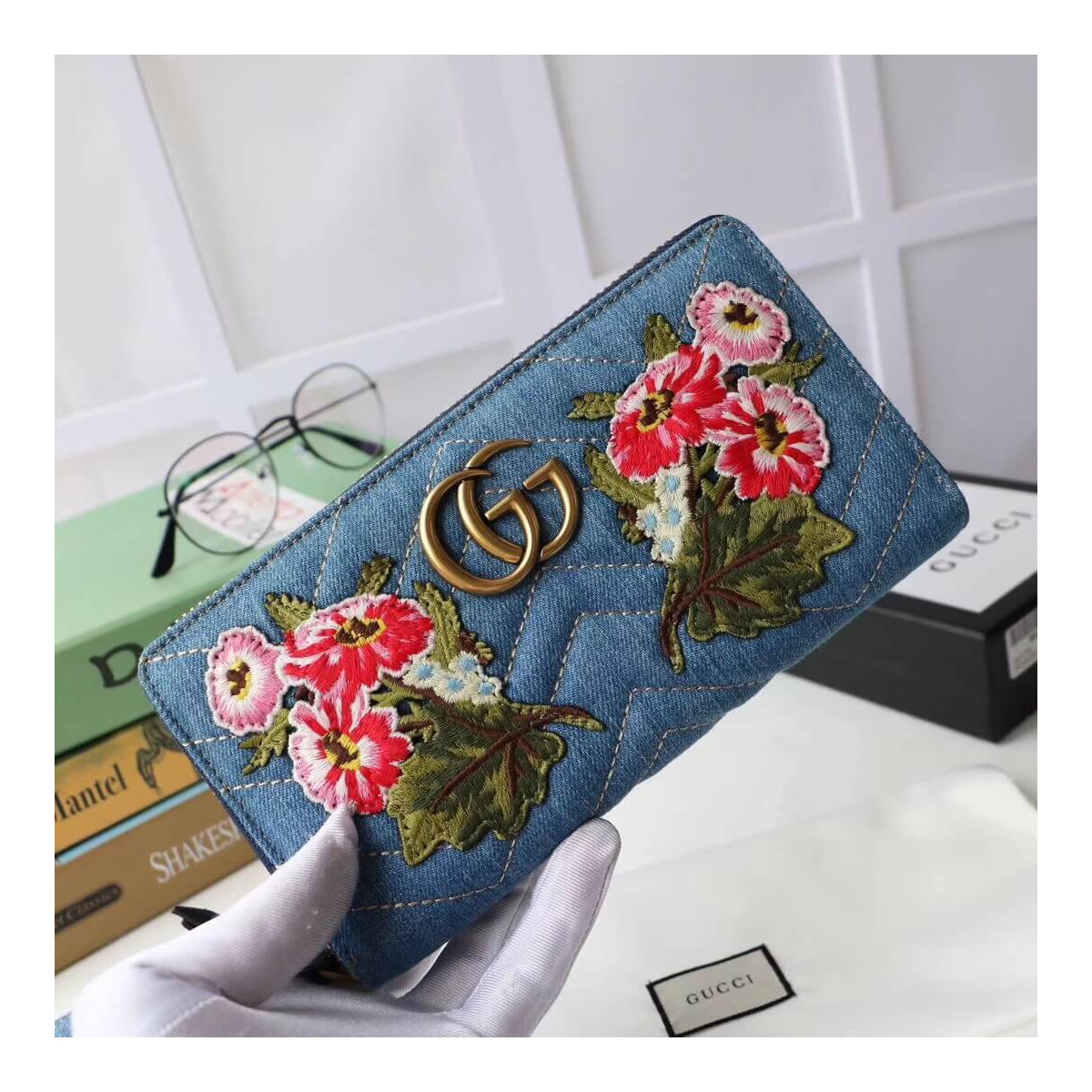 Gucci Denim Print Applique Zip Around Wallet 443123