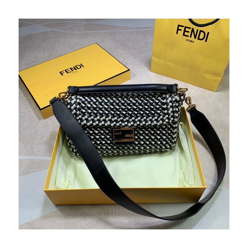 Fendi Baguette in Black Leather and White Fabric 2032