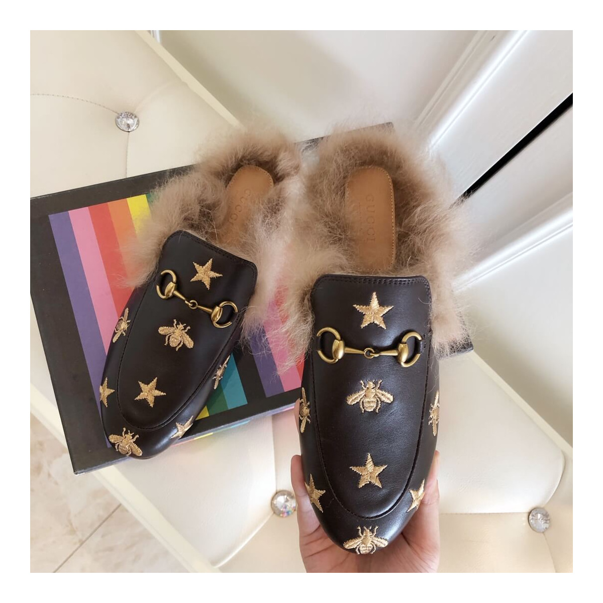 Gucci Princetown Bees and Stars Embroidered Fur Slipper Mules 448653