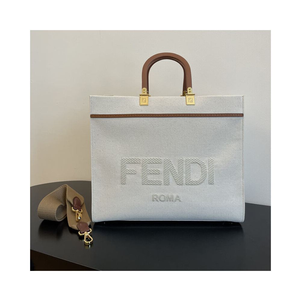 Fendi Medium Sunshine Tote Bag in Cream Canvas 8BH386