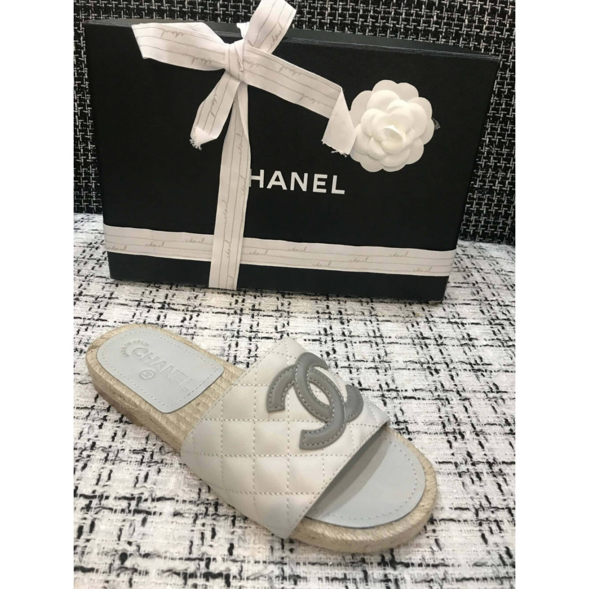 Chanel CC Quilted Mules G35604 White/Grey