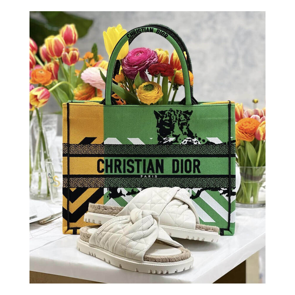 Christian Dior Medium Book Tote Bright Green and Orange D-Jungle Pop Embroidery M1296