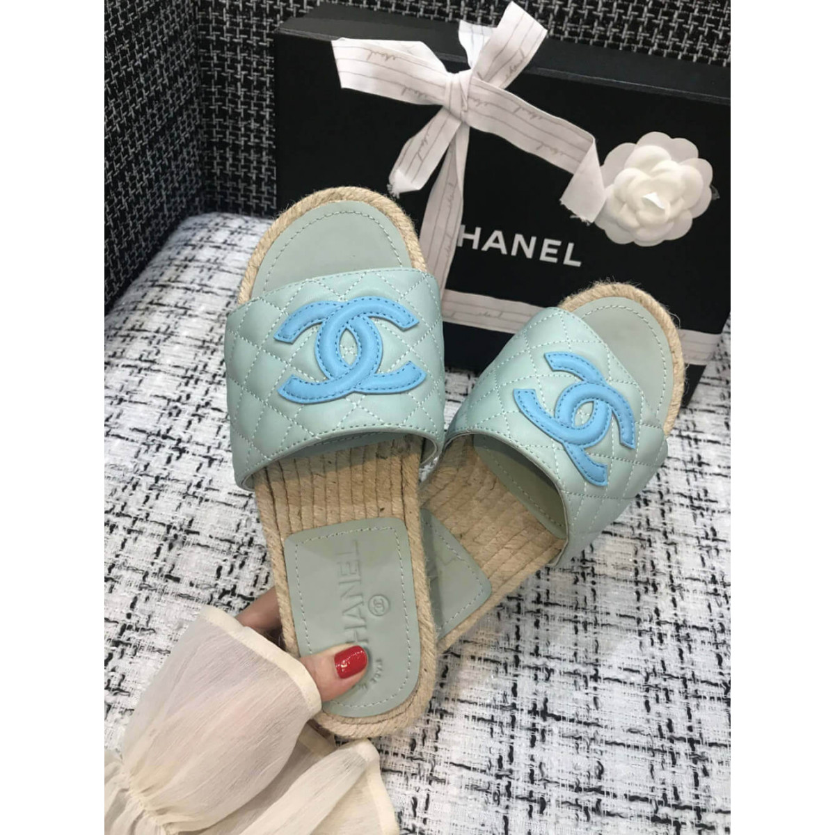 Chanel CC Quilted Mules G35604 Light Blue/Blue