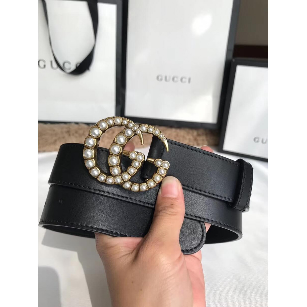 Gucci 30mm Leather Belt With Pearl Double G 453260