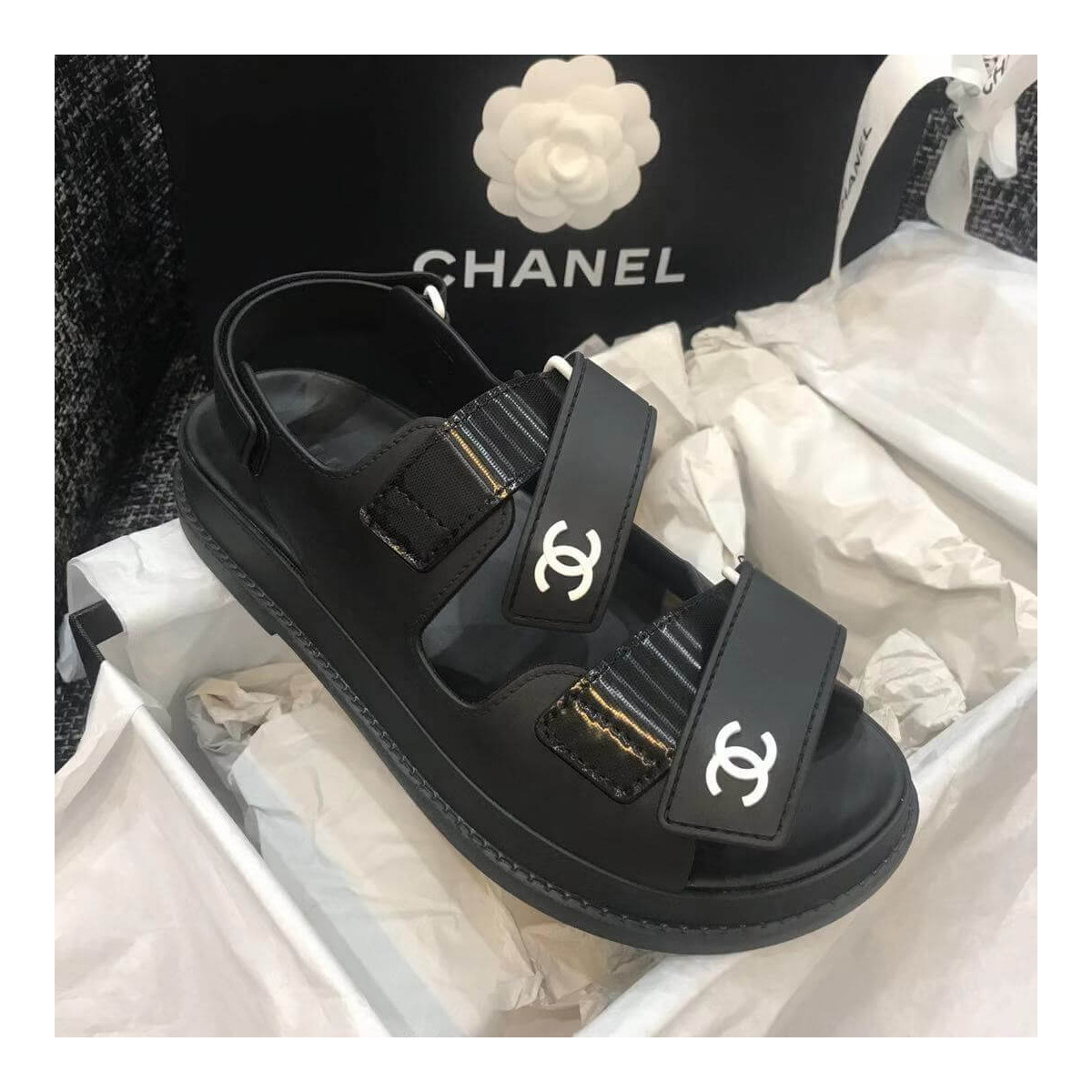 Chanel Velcro Sandals G31848 Black/Silver