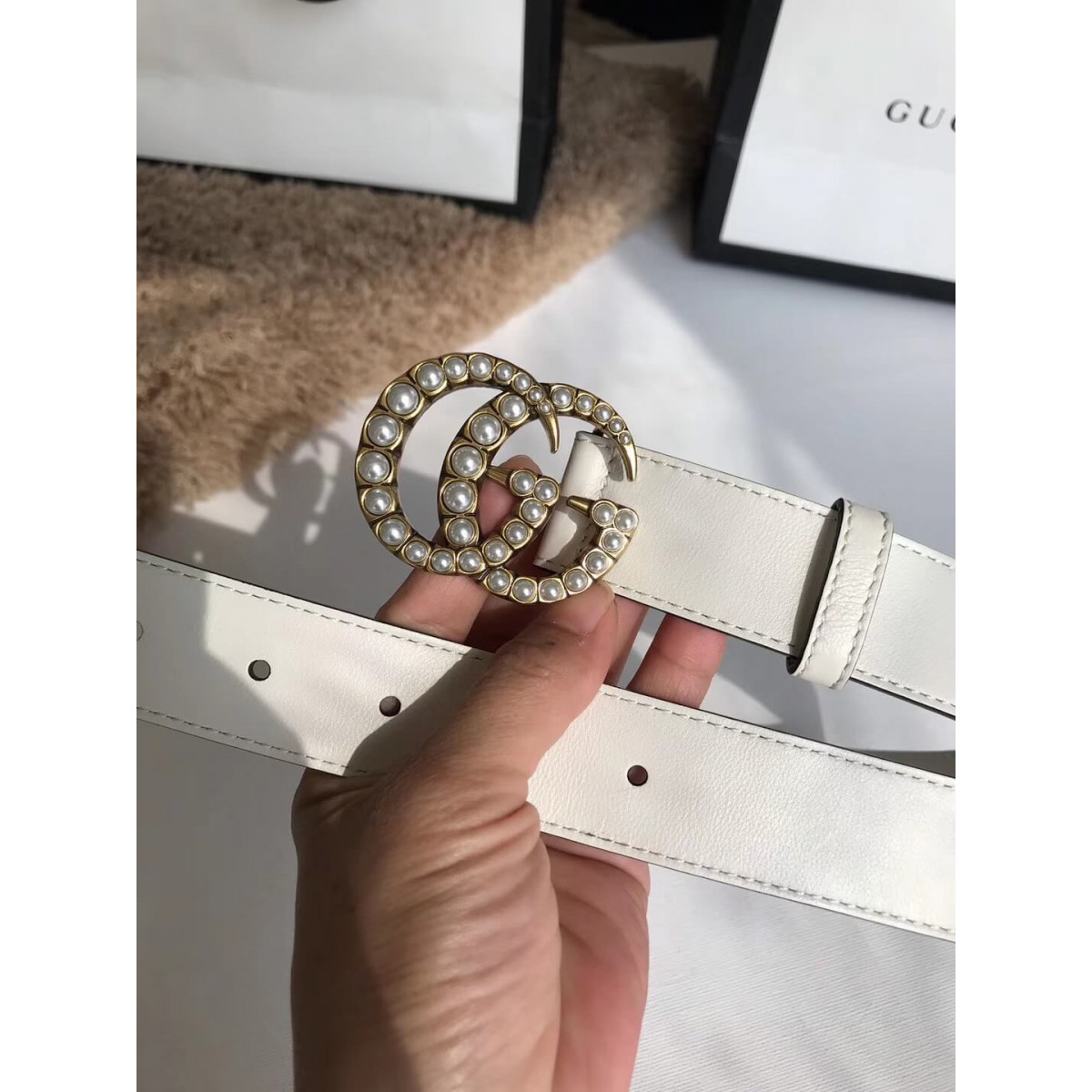 Gucci 30mm Leather Belt With Pearl Double G 453260