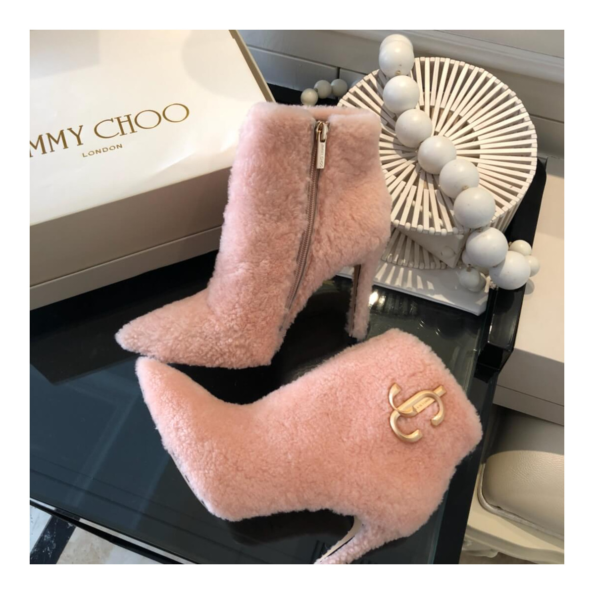 Jimmy Choo Shearling Ankle Bootie with Gold JC Logo 80259