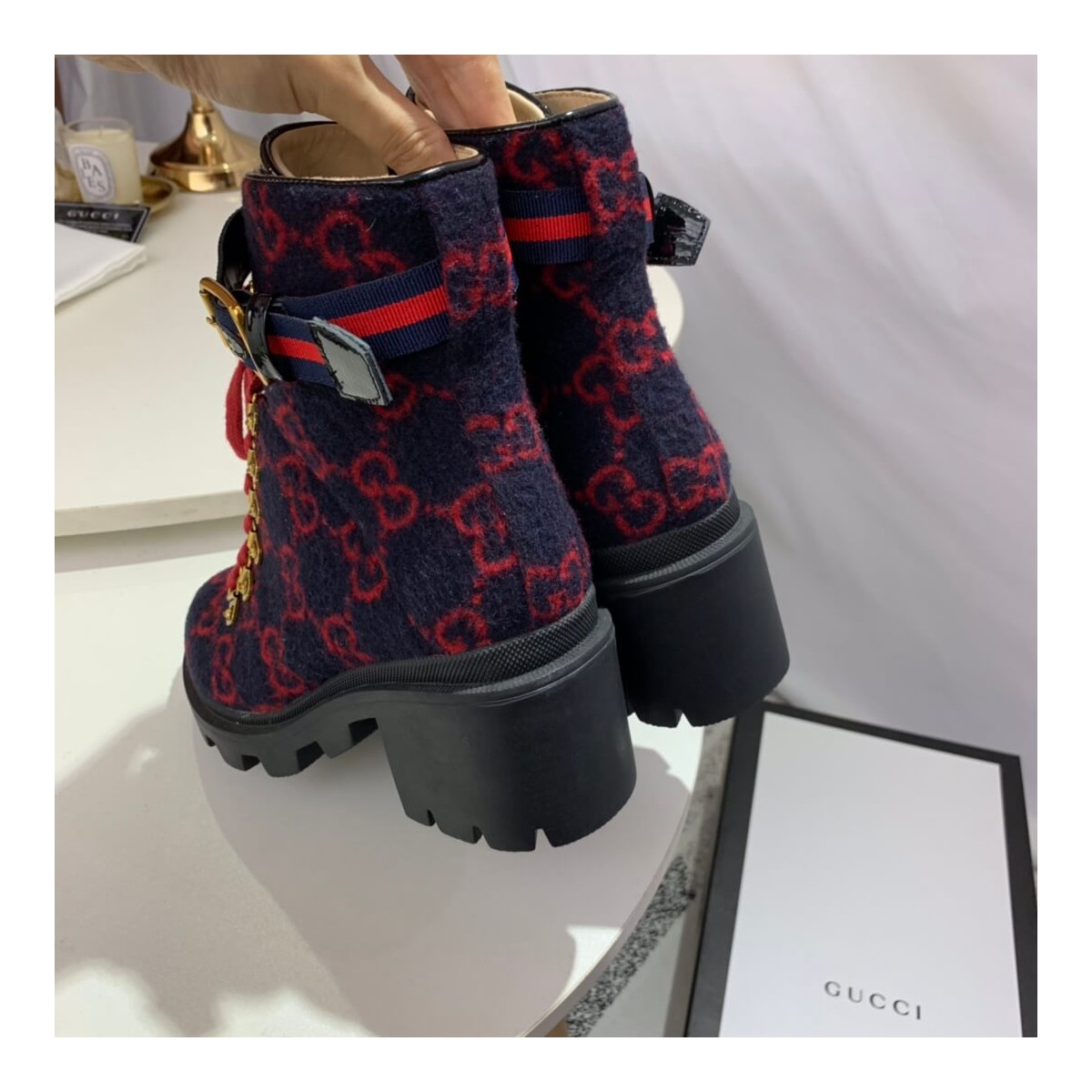 Gucci Trip GG Wool Combat Boots 583349 Blue/Red