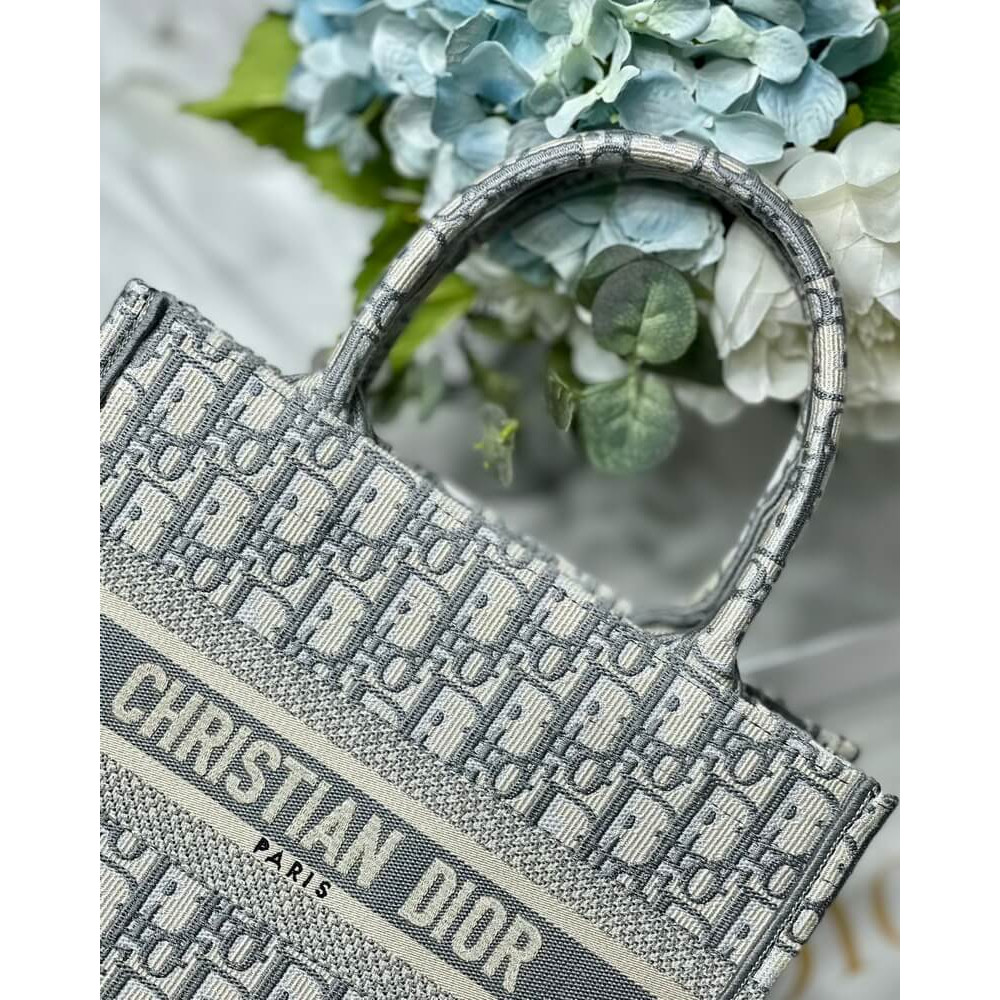 Christian Dior Small Book Tote Bag 26cm Oblique Embroidery Gray