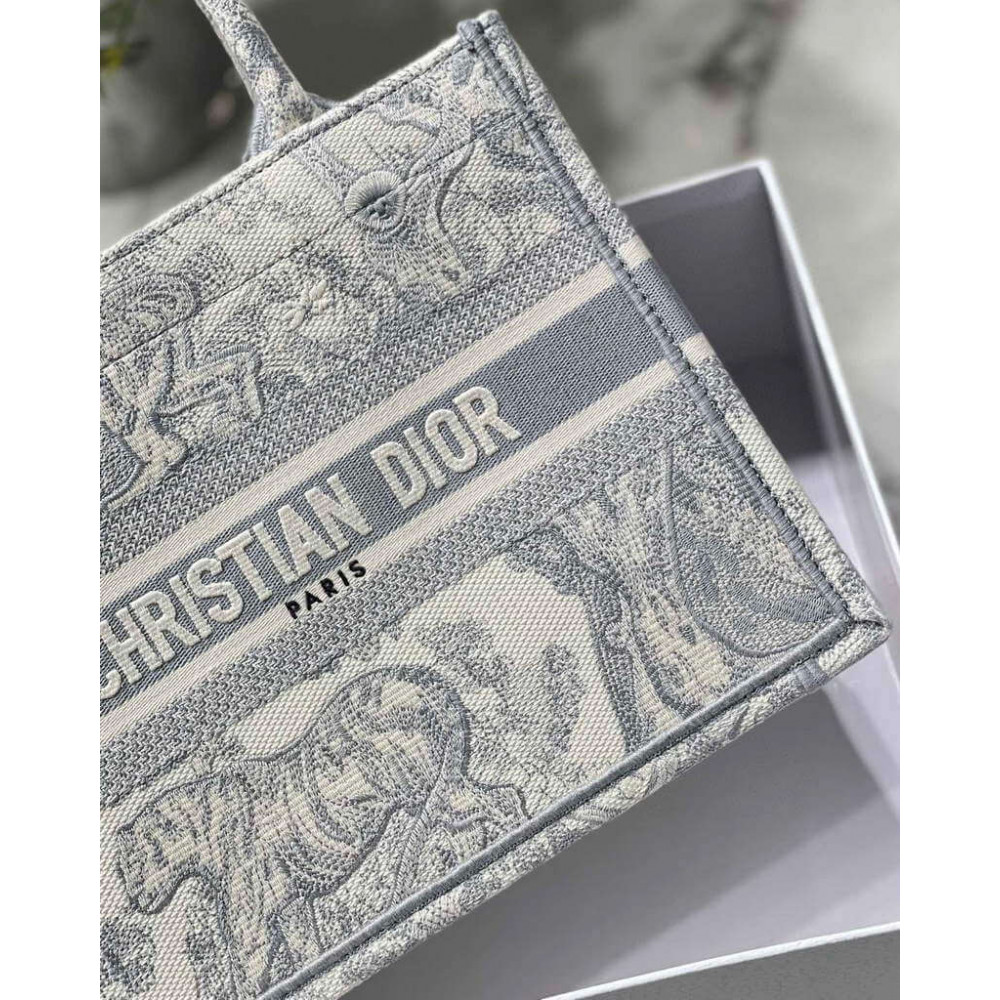 Christian Dior Small Book Tote Bag 26cm Toile De Jouy Reverse Embroidery Grey