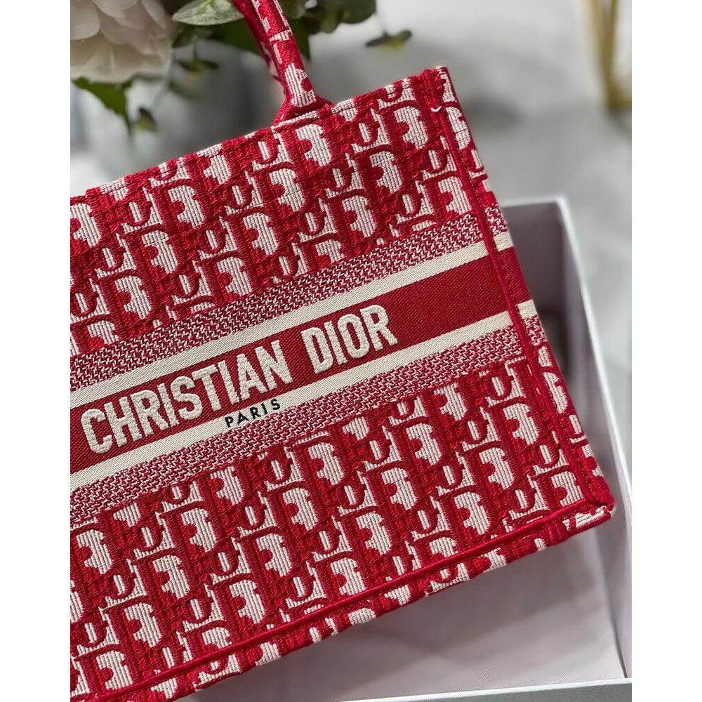 Christian Dior Small Book Tote Bag 26cm Oblique Embroidery Red