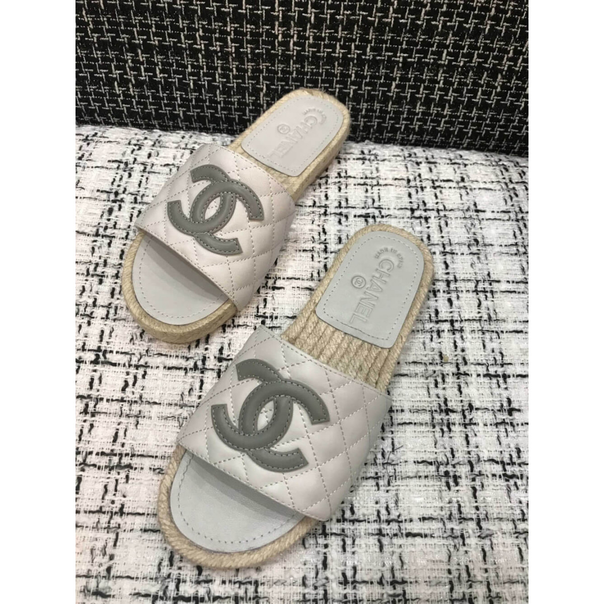 Chanel CC Quilted Mules G35604 White/Grey