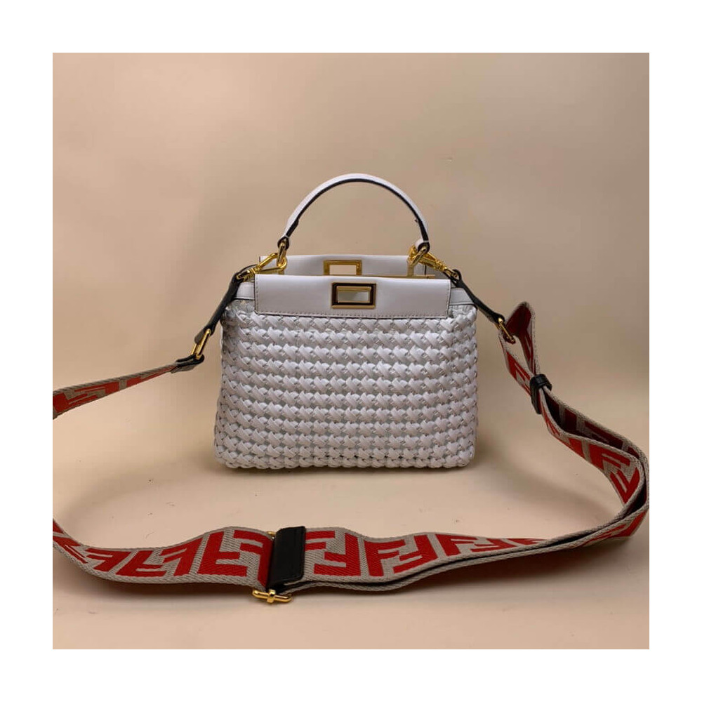 Fendi Peekaboo Iconic Mini Leather Interlace Bag 2031 White