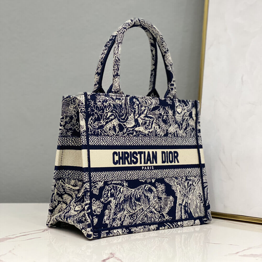 Christian Dior Small Book Tote Bag 26cm Toile De Jouy Embroidery Blue