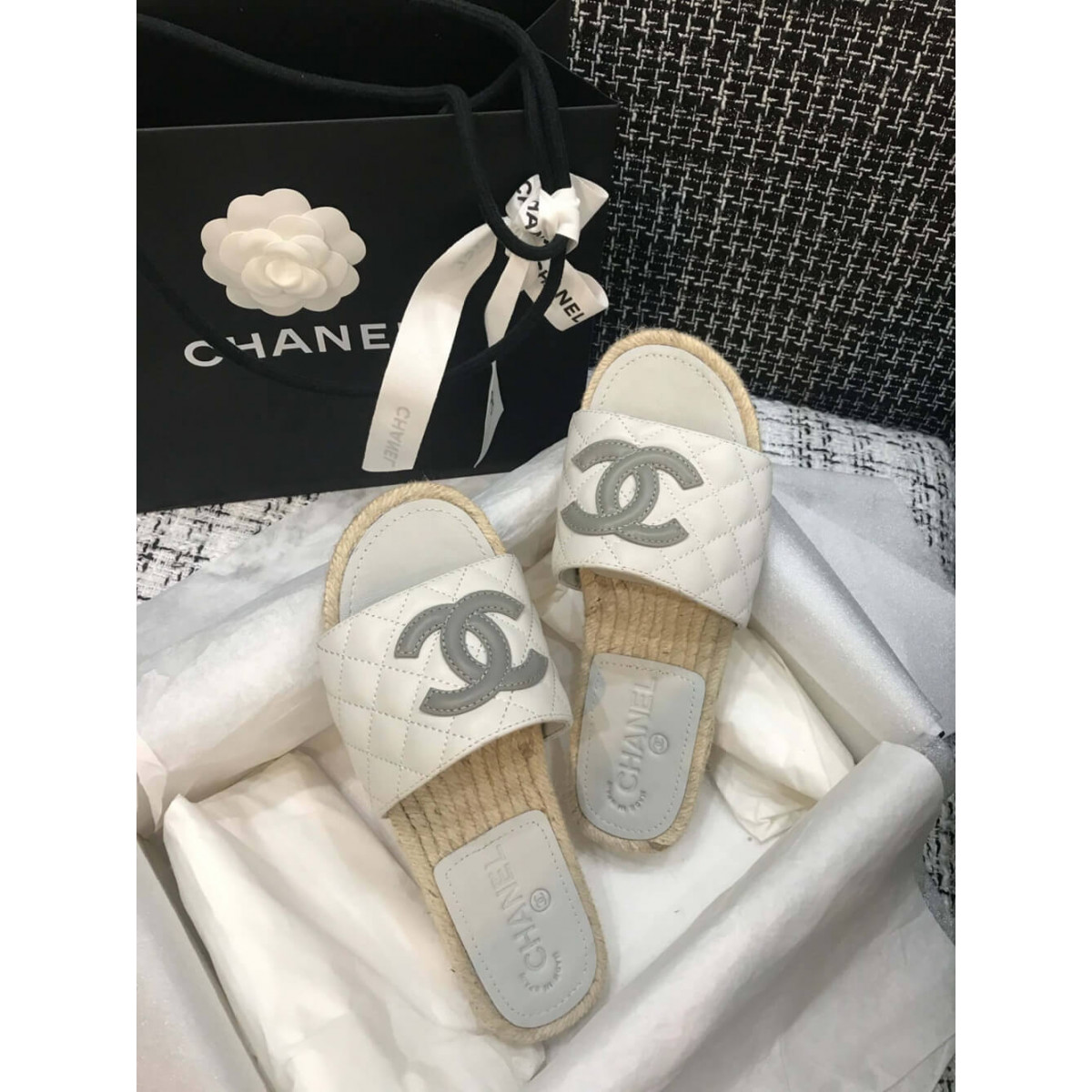 Chanel CC Quilted Mules G35604 White/Grey