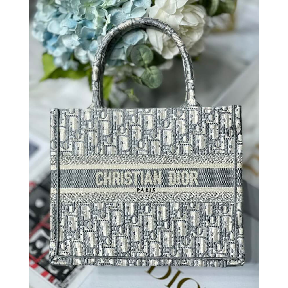 Christian Dior Small Book Tote Bag 26cm Oblique Embroidery Gray