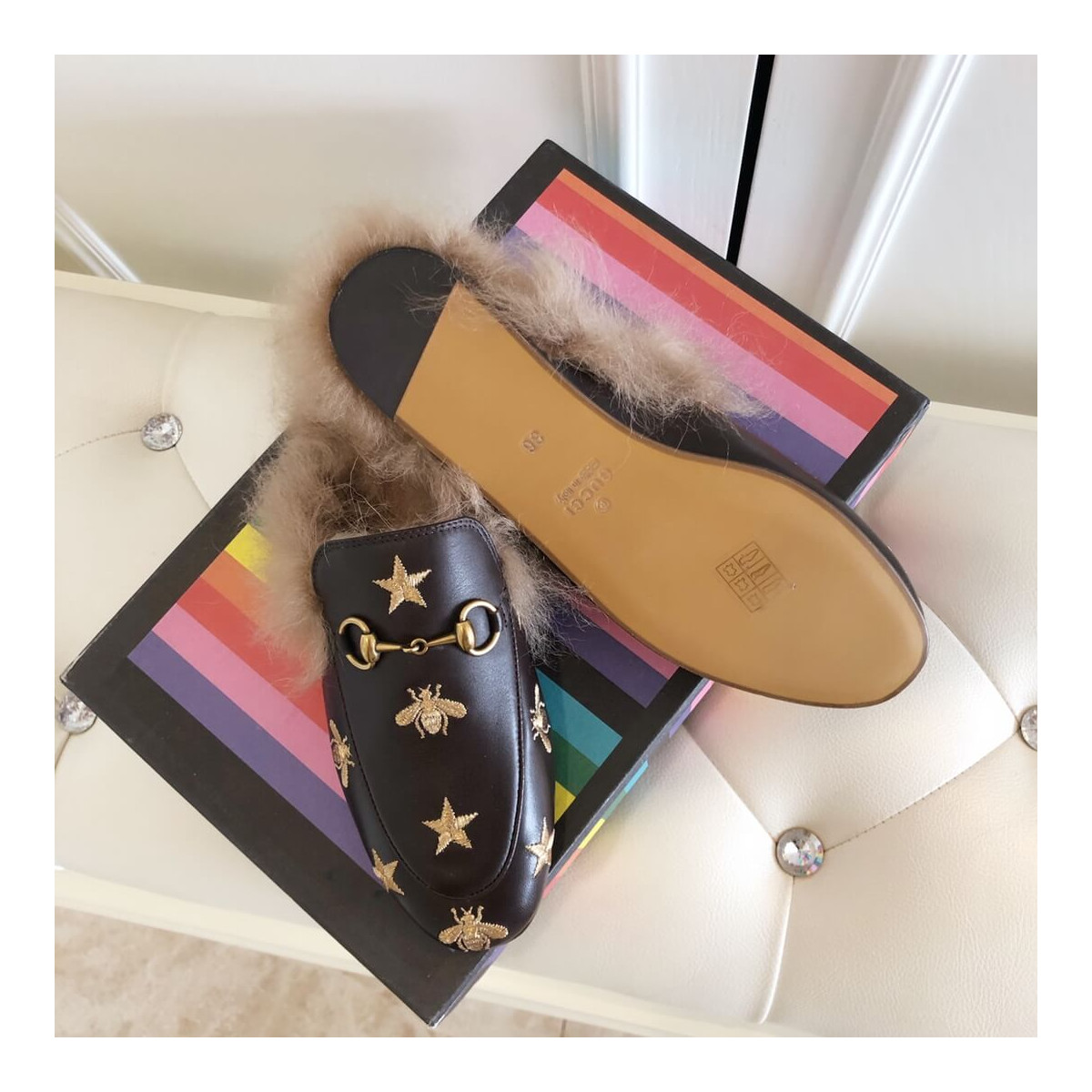 Gucci Princetown Bees and Stars Embroidered Fur Slipper Mules 448653