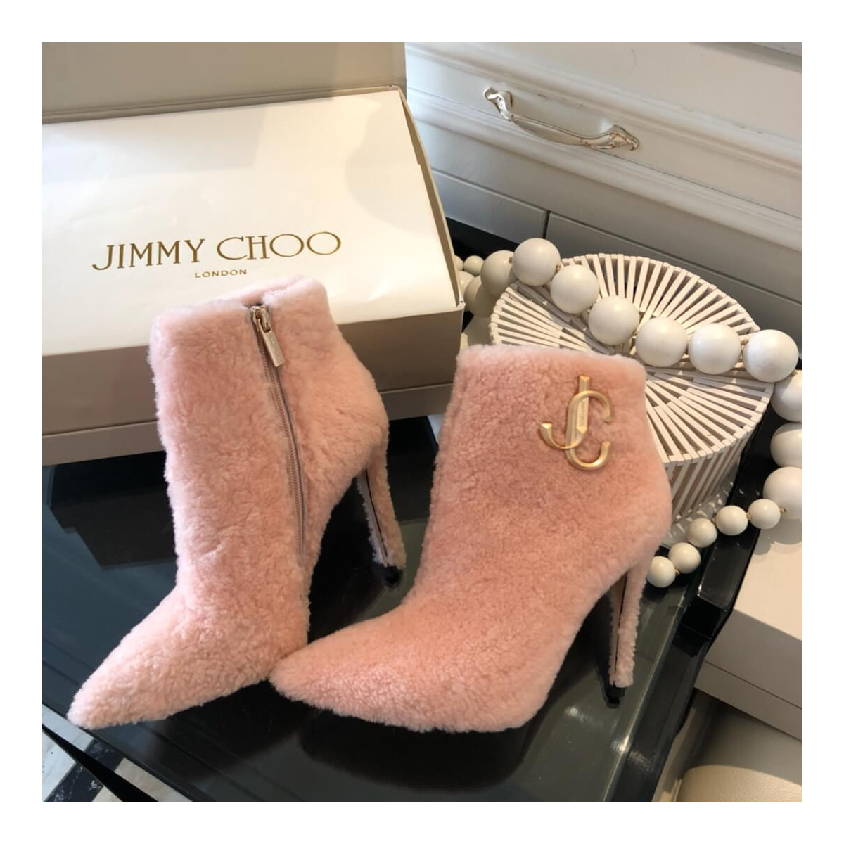 Jimmy Choo Shearling Ankle Bootie with Gold JC Logo 80259