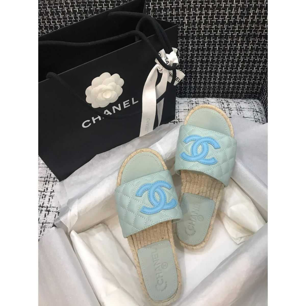 Chanel CC Quilted Mules G35604 Light Blue/Blue