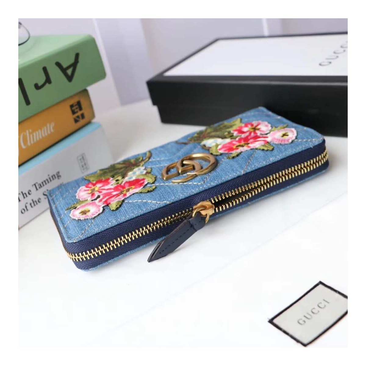 Gucci Denim Print Applique Zip Around Wallet 443123