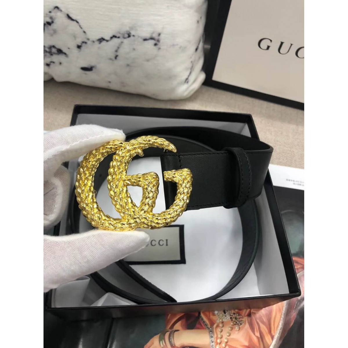 Gucci 40mm Belt With Textured Double G Buckle 582348