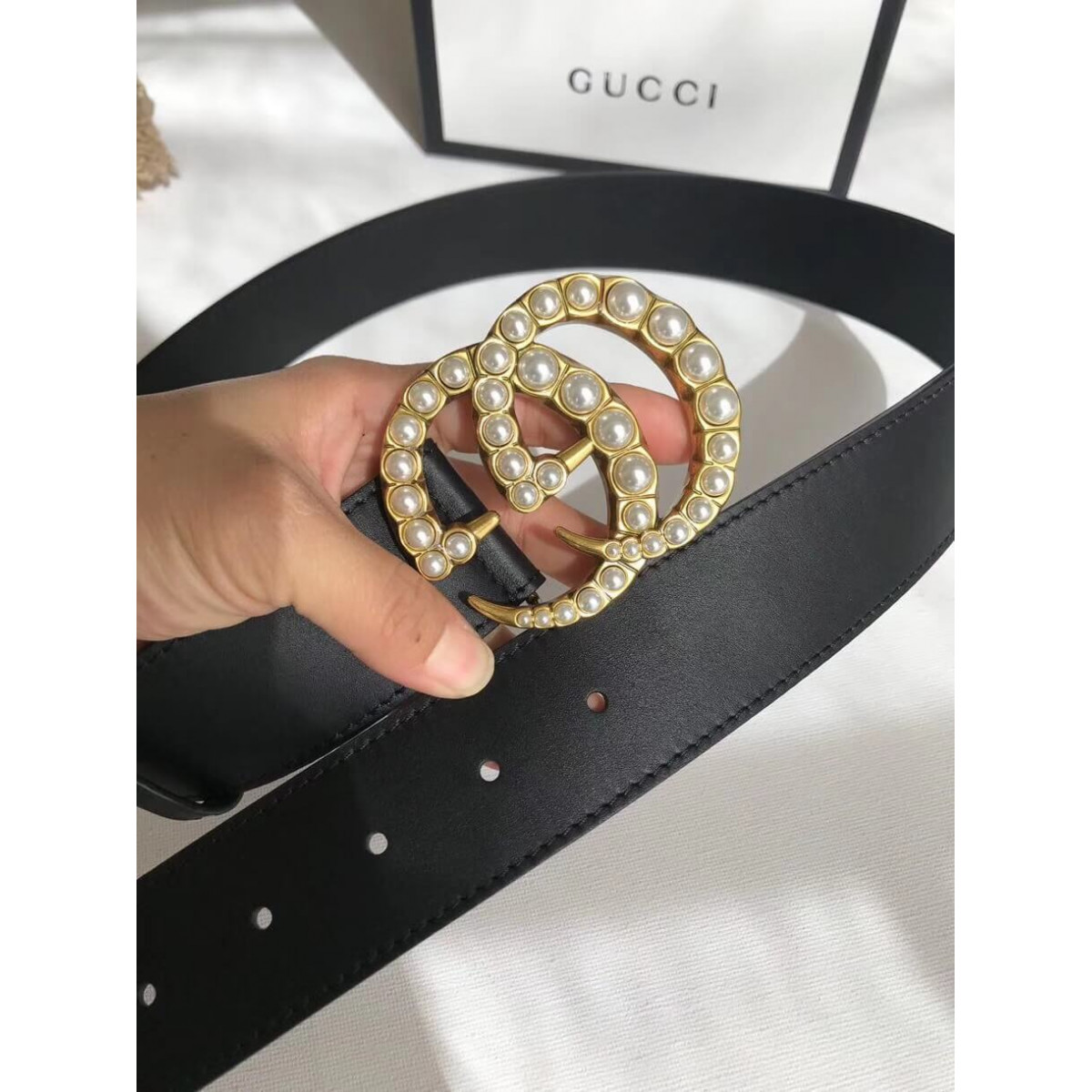 Gucci 40mm Leather Belt With Pearl Double G 453260