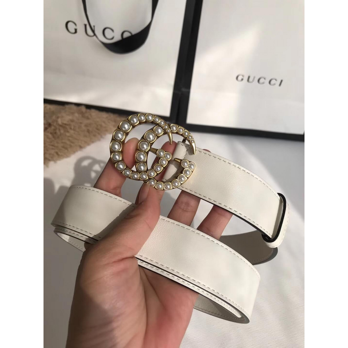 Gucci 30mm Leather Belt With Pearl Double G 453260