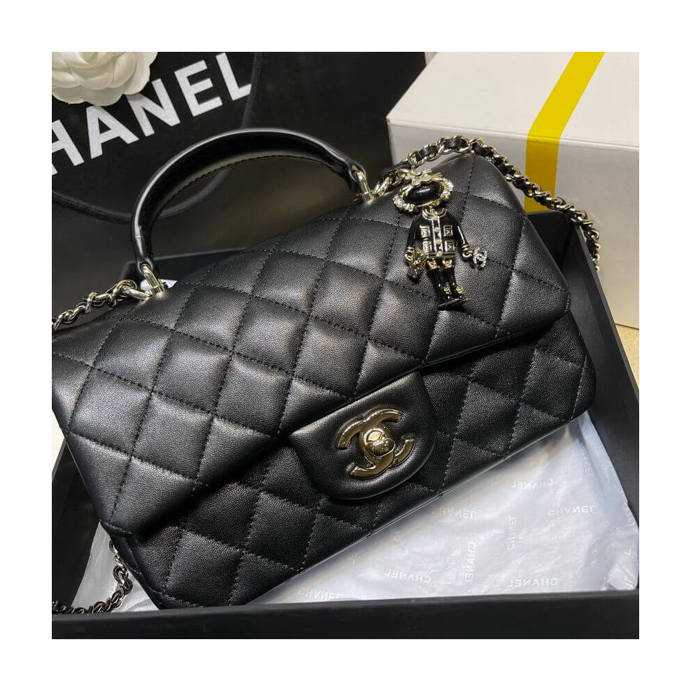 Chanel Lambskin Mini Flap Bag With Top Handle Black AS2431 with Lion Charm