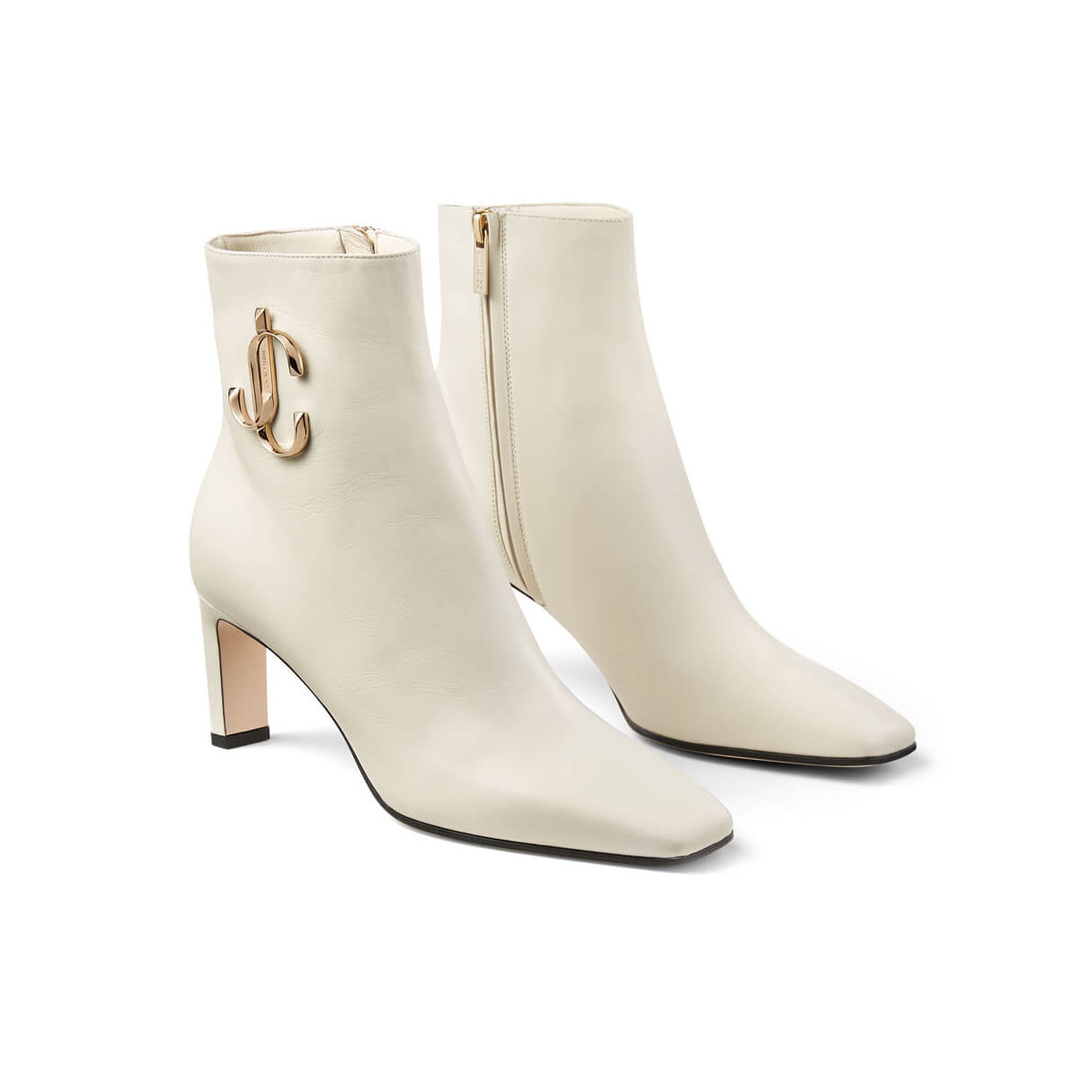 Jimmy Choo Latte Calf Leather Ankle Bootie with Gold JC Logo 80258