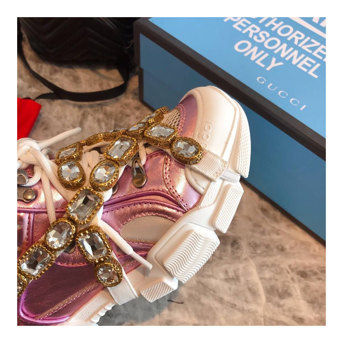 Gucci Flashtrek Sneaker With Removable Crystals 537133 Pink Metallic