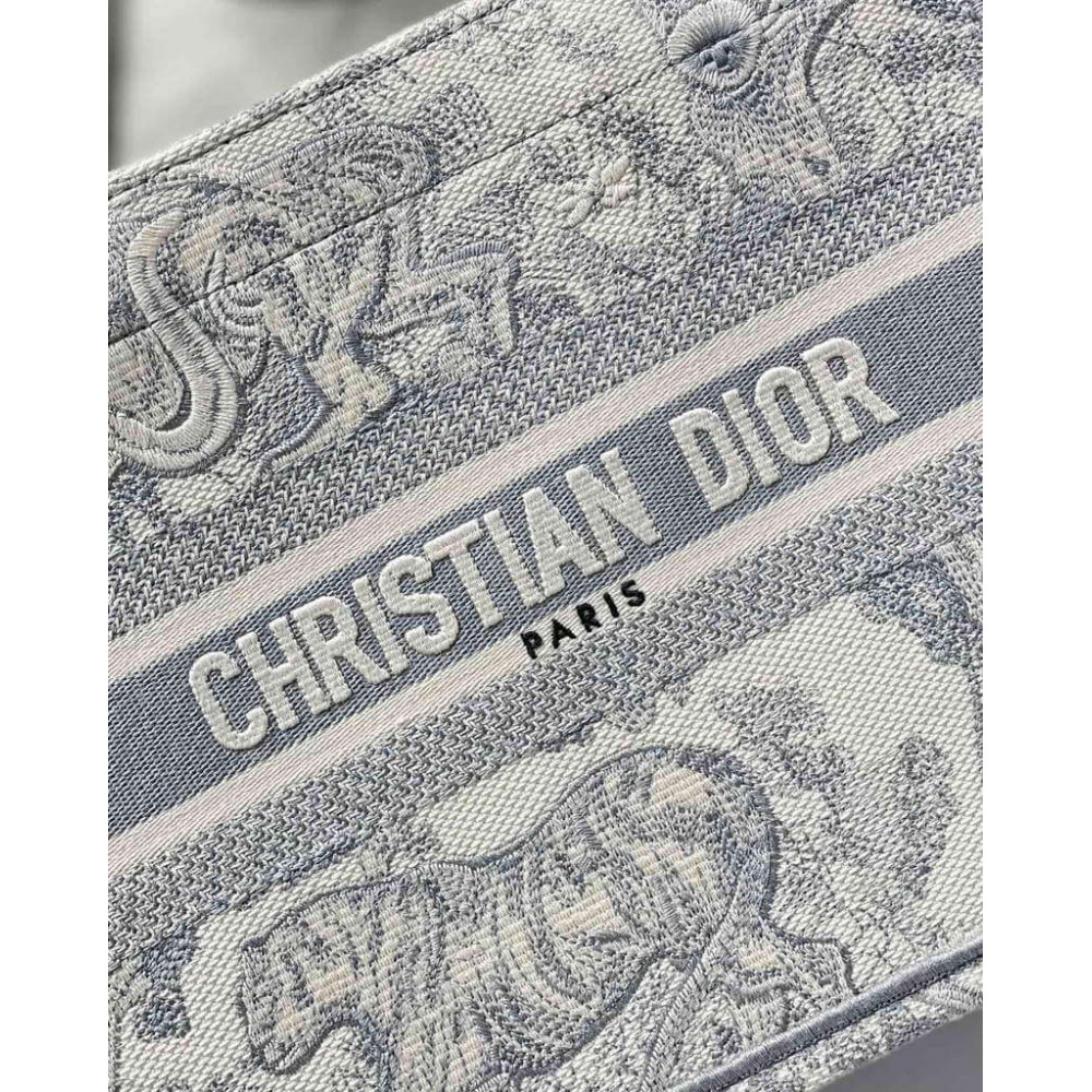 Christian Dior Small Book Tote Bag 26cm Toile De Jouy Reverse Embroidery Grey