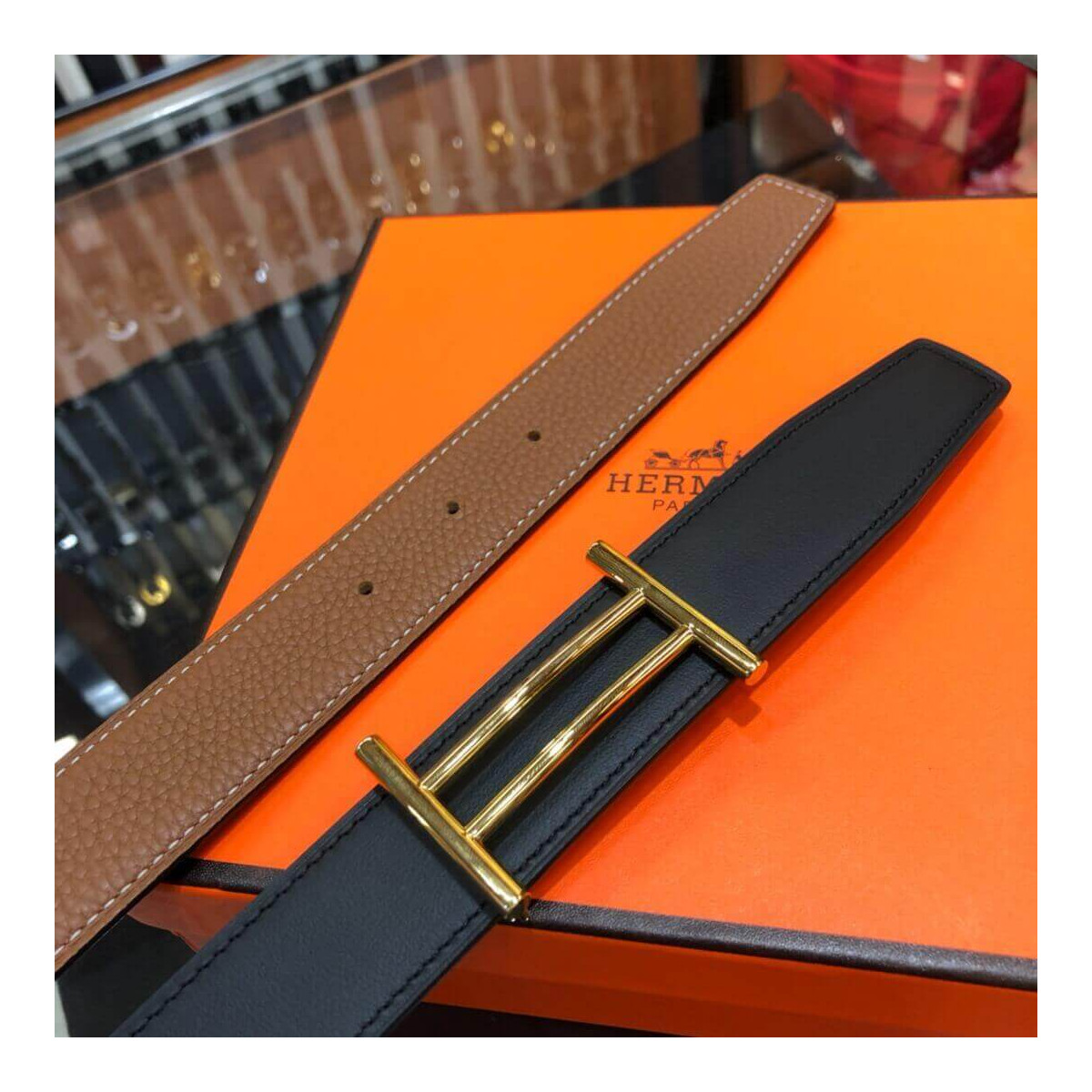 Hermes Rider Belt Buckle &amp; Reversible Leather Strap 32mm H075372 Brown/Black