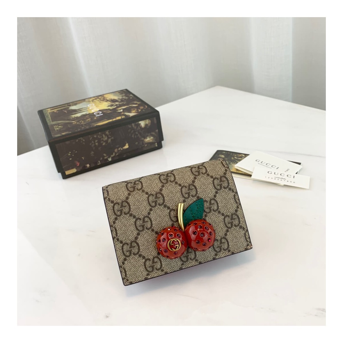 Gucci GG Supreme Card Case Wallet With Cherries 476050