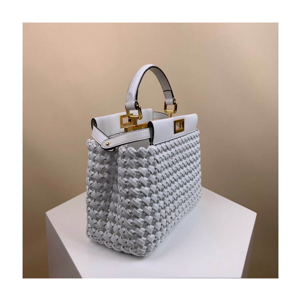 Fendi Peekaboo Iconic Mini Leather Interlace Bag 2031 White