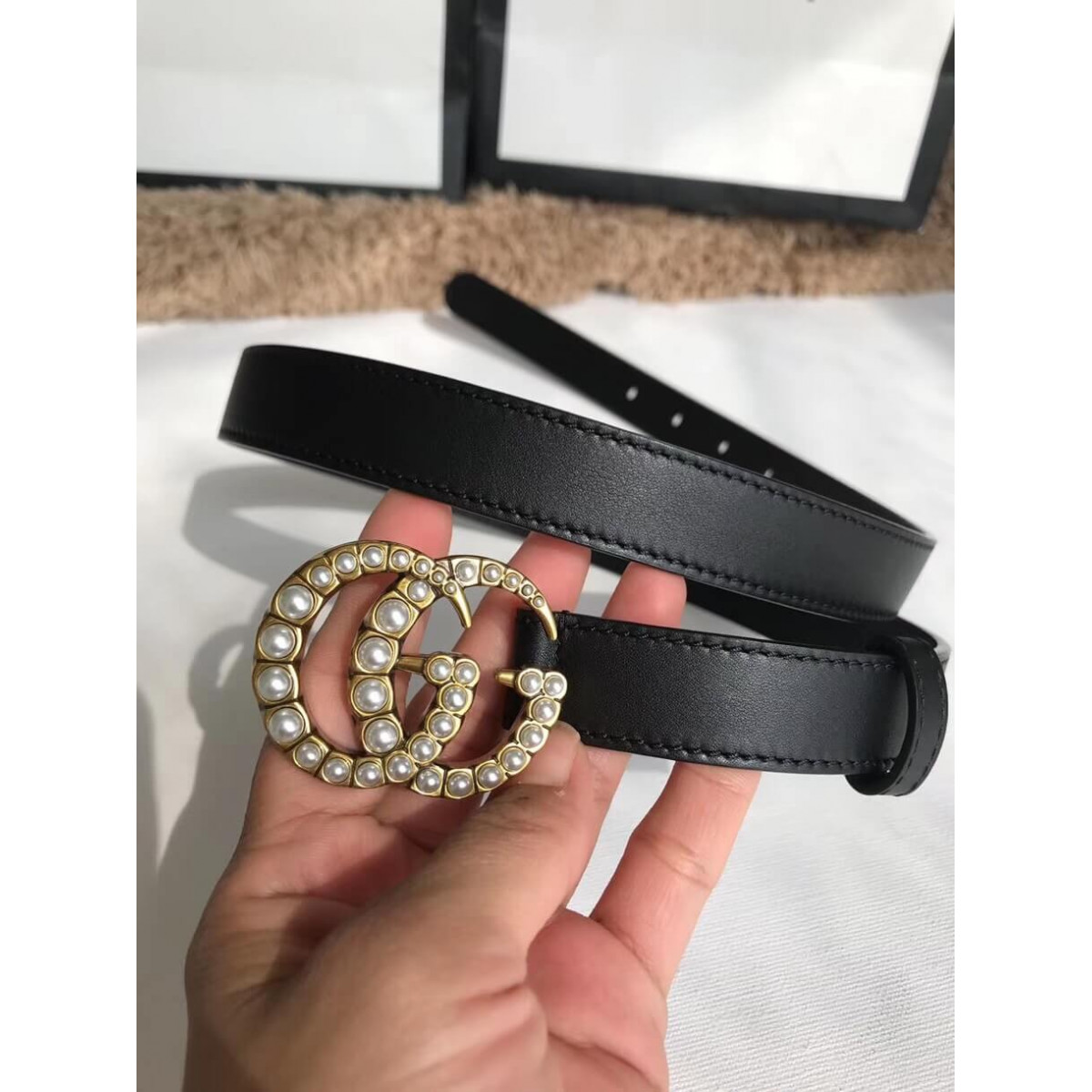 Gucci 20mm Leather Belt With Pearl Double G 453260