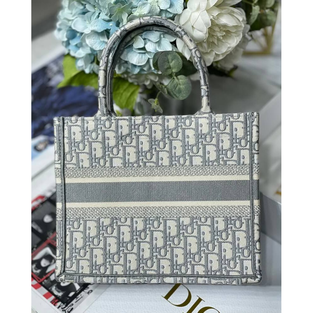 Christian Dior Small Book Tote Bag 26cm Oblique Embroidery Gray