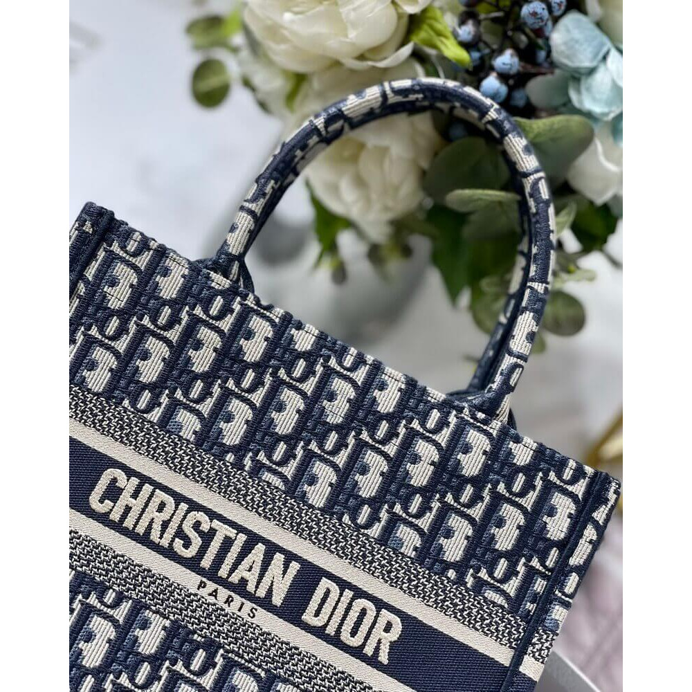 Christian Dior Small Book Tote Bag 26cm Oblique Embroidery Blue