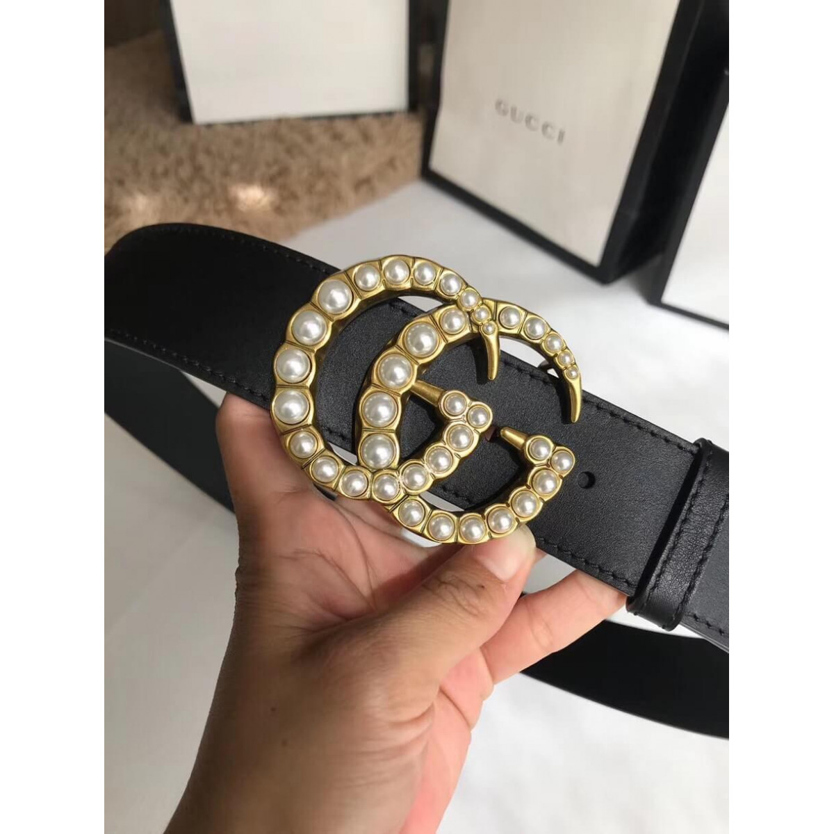 Gucci 40mm Leather Belt With Pearl Double G 453260