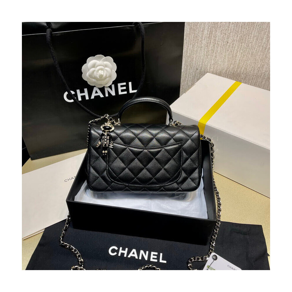 Chanel Lambskin Mini Flap Bag With Top Handle Black AS2431 with Lion Charm