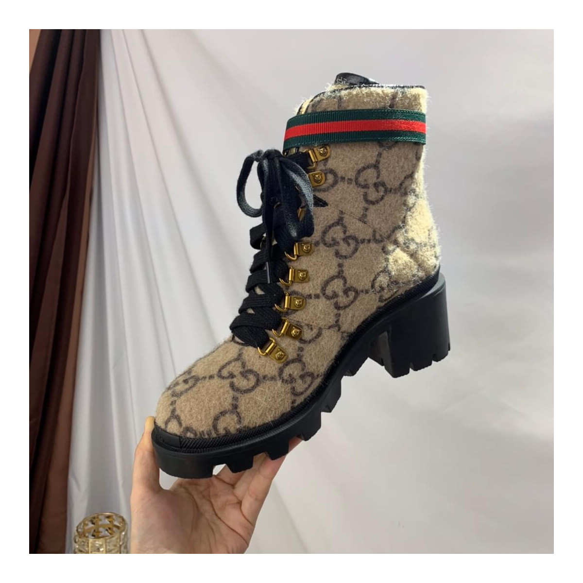 Gucci Trip GG Wool Combat Boots 583349 Beige