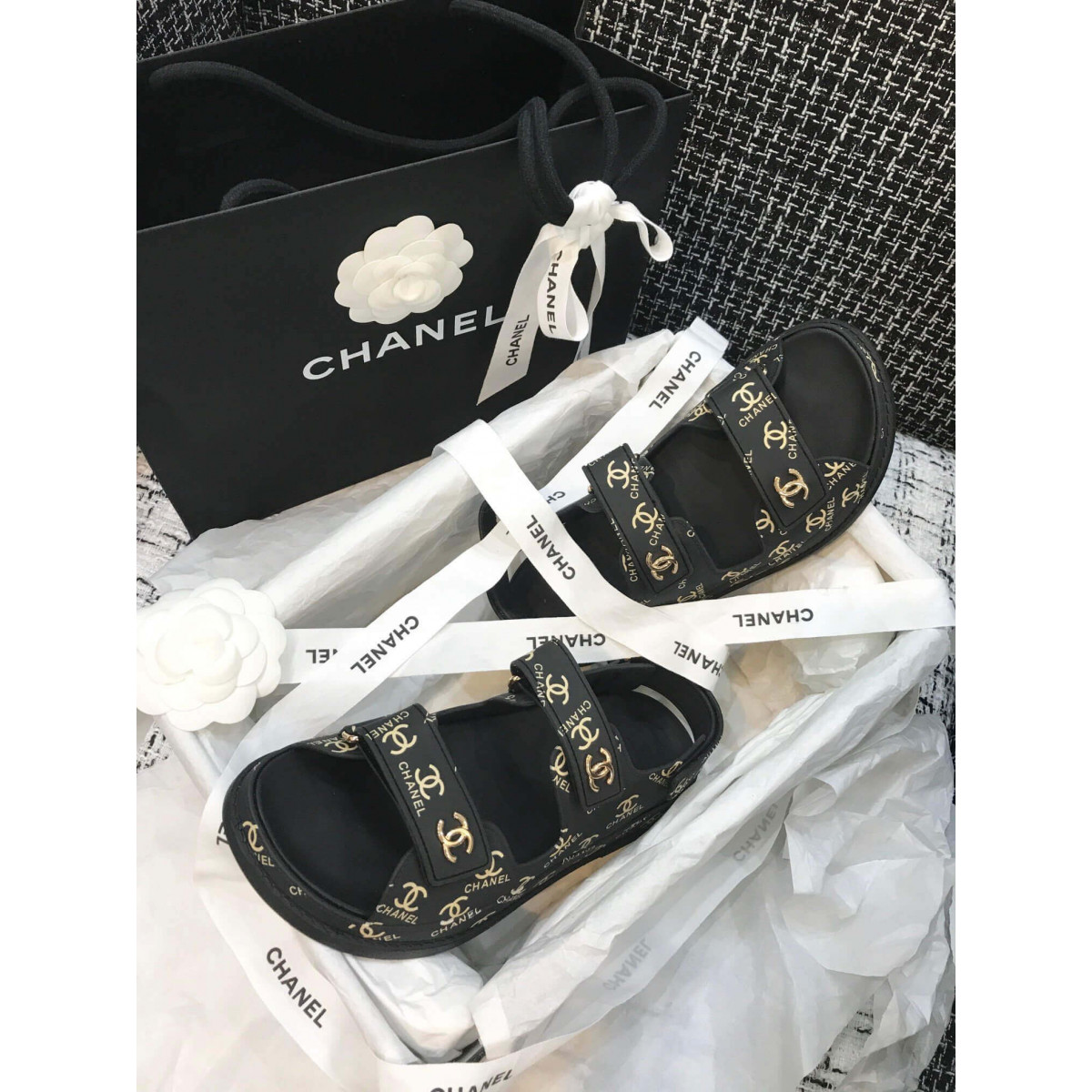 Chanel Velcro Sandals G31848 Black/Gold