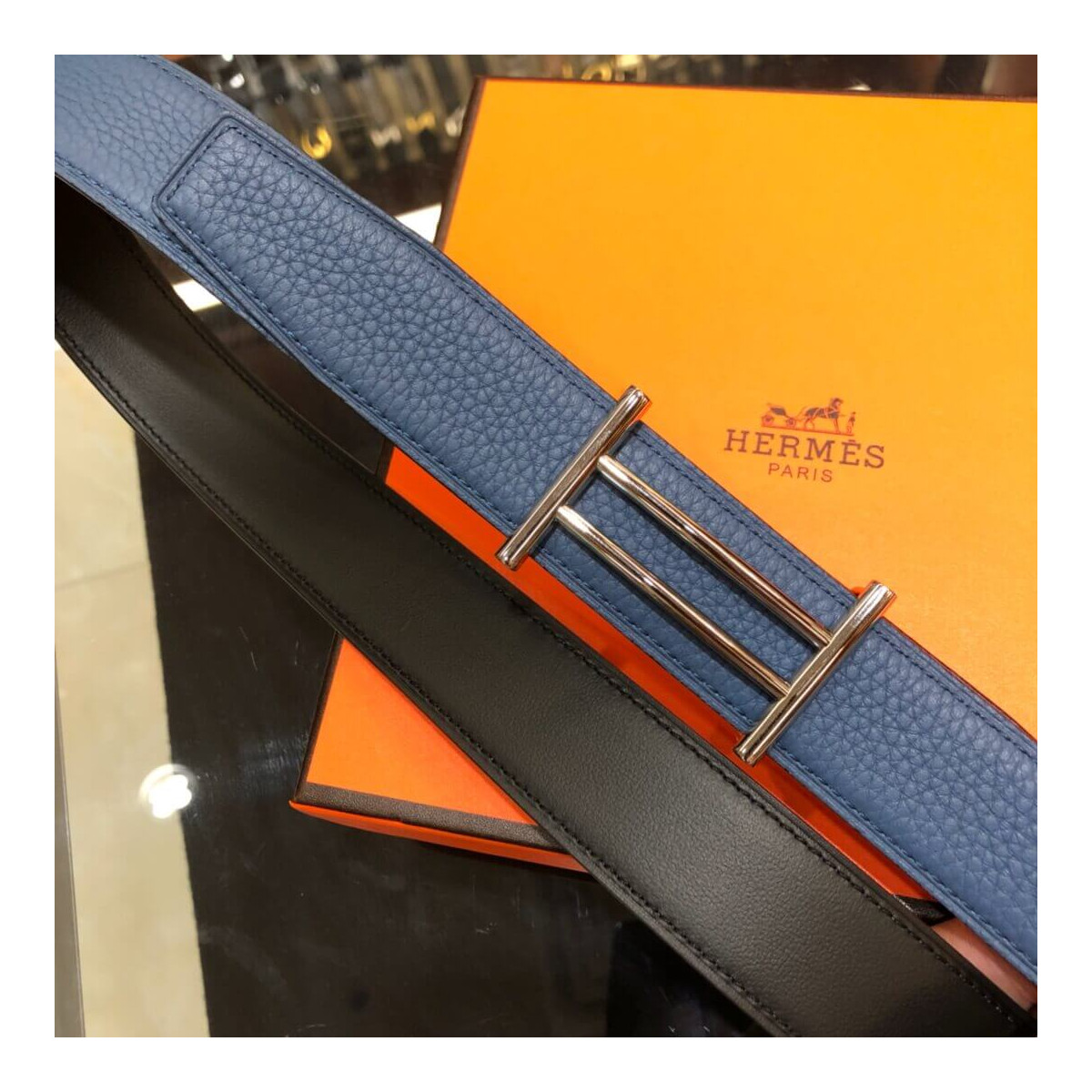 Hermes Rider Belt Buckle &amp; Reversible Leather Strap 40mm H075372 Blue/Black