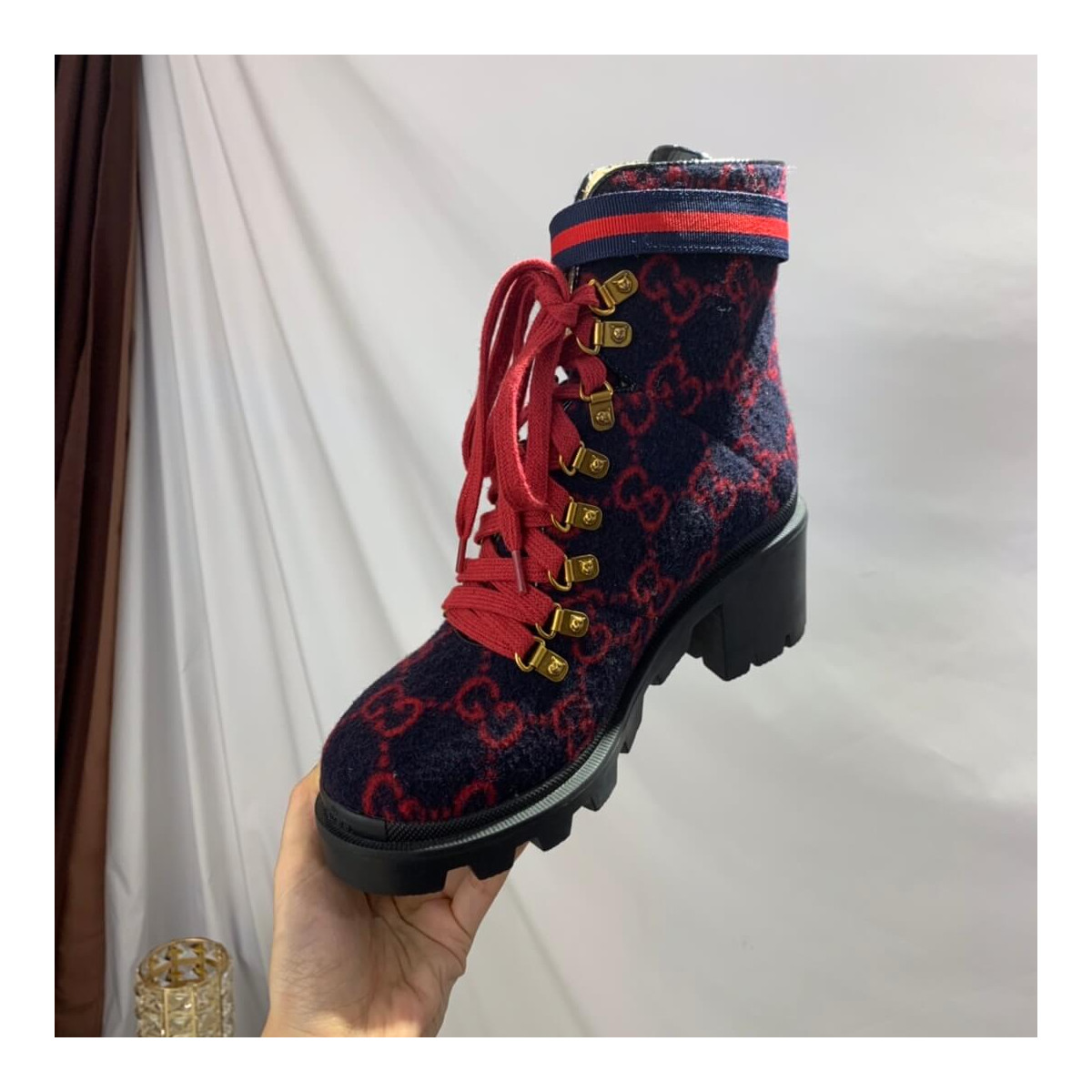 Gucci Trip GG Wool Combat Boots 583349 Blue/Red