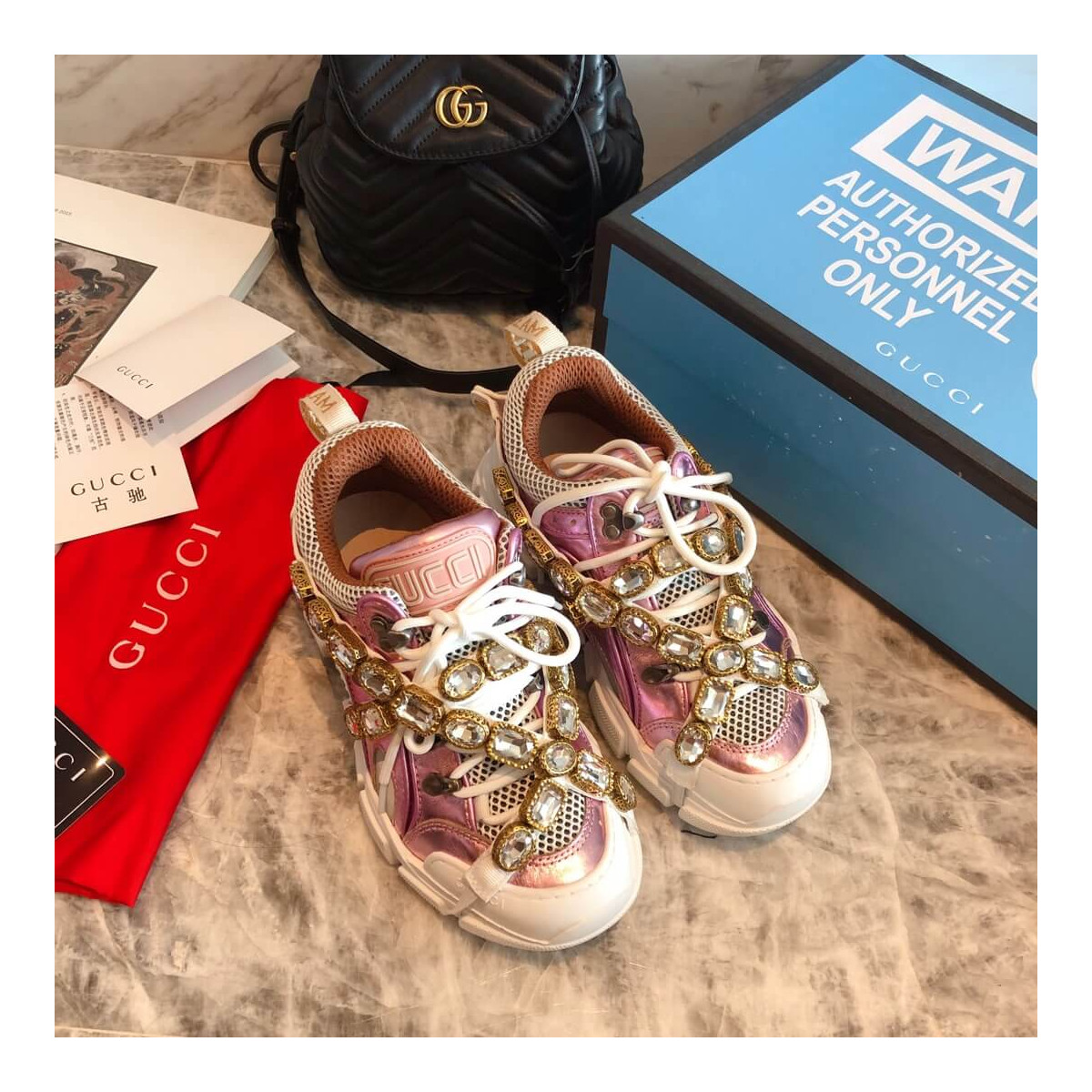 Gucci Flashtrek Sneaker With Removable Crystals 537133 Pink Metallic