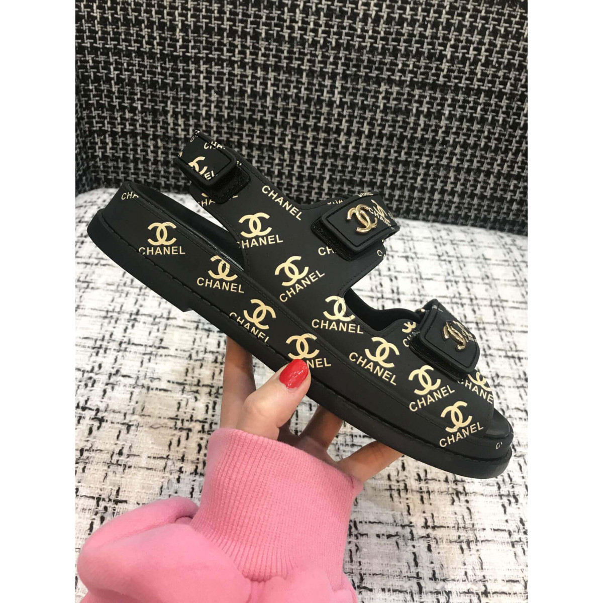 Chanel Velcro Sandals G31848 Black/Gold