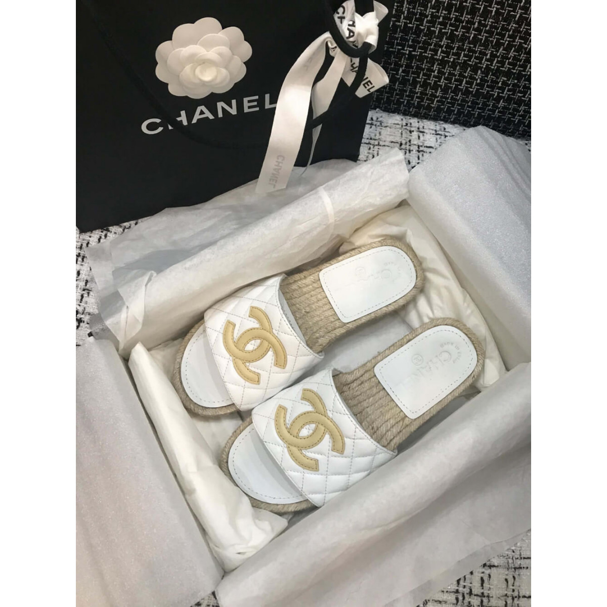 Chanel CC Quilted Mules G35604 White/Apricot