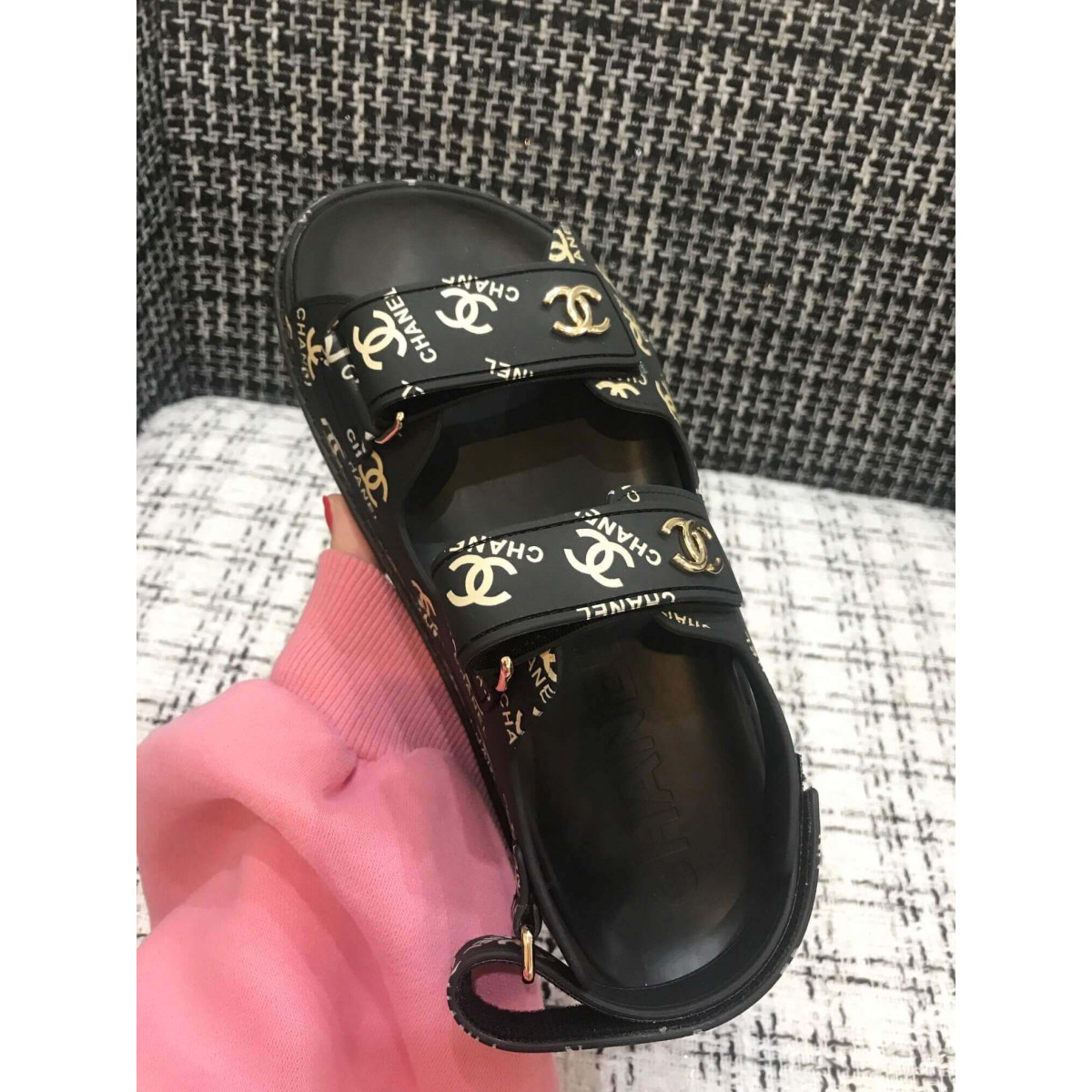 Chanel Velcro Sandals G31848 Black/Gold