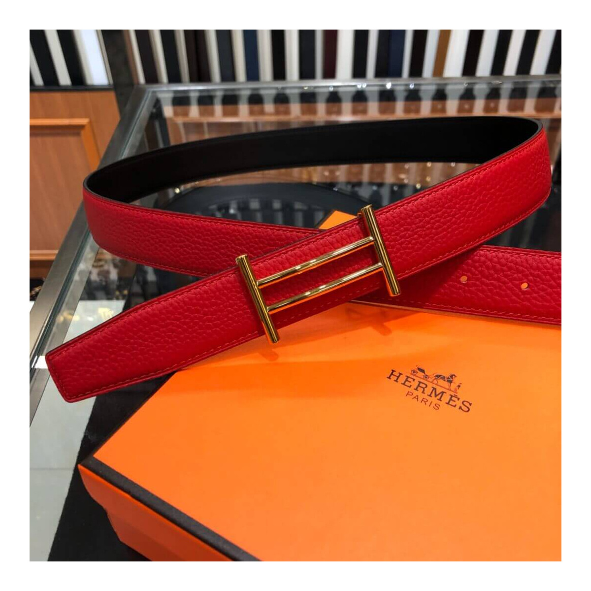 Hermes Rider Belt Buckle &amp; Reversible Leather Strap 32mm H075372 Red/Black